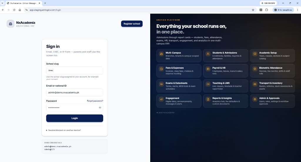 Next Generation Academic ERP system sign-in and modules overview